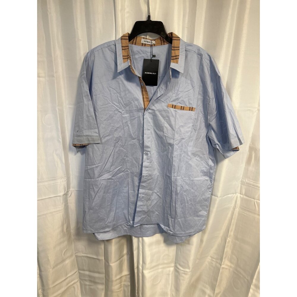 Hawalili Shirt Mens NEW 3XL Light Blue Short Sleeve With Plaid Trim Cotton/Spand